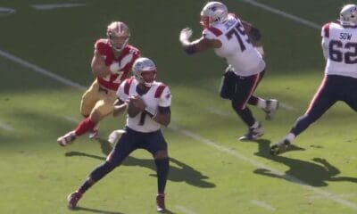 San Francisco 49ers DE Nick Bosa sacks New England Patriots QB Jacoby Brissett on Sept. 29, 2024.